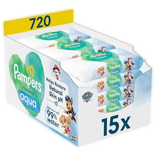 Pampers Feuchte Tücher Harmonie Aqua 15x Paw Patrol - FEUCHTTÜCHER: 720 sanfte Baby-Feuchttücher mit 99% Wasser, ideal für die empfindliche Haut deines Babys, in der limitierten Paw Patrol Edition.