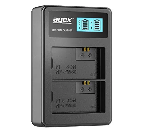 ayex USB Dual Ladegerät Kompatibel mit Sony NP-FW50 für zB a6400 a5100 a7 II a7R a7S II Akku Lädt per USB-C zB an Laptop & Powerbank mit LCD-Ladestandanzeige