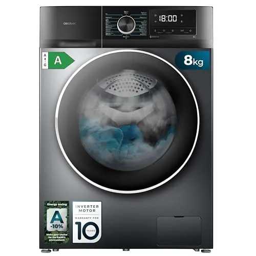 Cecotec Waschmaschine 8 Kg Carga Frontal Bolero Dresscode 8500 Inverter Steel - Energieeffiziente Waschmaschine der Klasse A mit 8 kg Kapazität. Inverter-Plus-Motor für leisen Betrieb und Dampfreinigung mit SteamMax für saubere Wäsche. 16 Programme für alle Bedürfnisse.