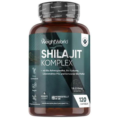 Himalaya Shilajit Komplex Kapseln - 120 vegane Kapseln mit Ashwagandha & Kurkuma - Himalaya Shilajit Kapseln bieten eine einzigartige Mischung aus hochwertigen Inhaltsstoffen, darunter Bio Ashwagandha und Kurkuma. Ideal für eine nachhaltige Unterstützung im Alltag, 120 Kapseln für 4 Monate.