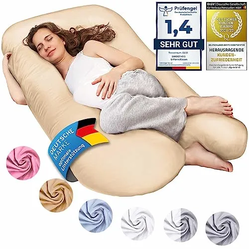 SMOOTHY XXL Schwangerschaftskissen - U-Form, 150x80 cm, Beige - Kissen für schwangere Frauen und Seitenschläfer, bietet optimale Unterstützung für Rücken und Wirbelsäule, abnehmbarer und waschbarer Bezug aus 100% Baumwolle.