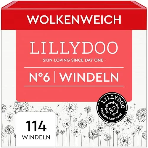 LILLYDOO hautfreundliche Baby Windeln - Größe 6 (13+ kg),Monatsbox (114 Stück), Sicherer Auslaufschutz, Weich, Parfümfrei, Ohne Lotionen & Farbstoffe für empfindliche Haut, Dermatologisch getestet