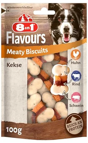 8in1 Flavours Meaty Biscuits Hunde-Kekse - köstliche Hunde-Leckerlis mit drei Geschmacksnoten in einem Snack, 100 g Beutel