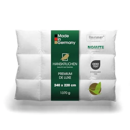 Hanskruchen Daunendecke PREMIUM DE LUXE Medium 240 x 220 cm - Bettdecken für besten Schlafkomfort, leicht und anschmiegsam mit 90% Daunen, ideal für Allergiker und waschbar bis 60°C.