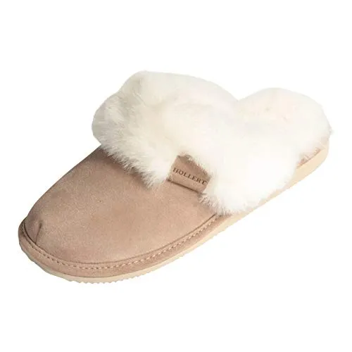 Hollert Leather Lammfell Hausschuhe - Malibu Damen Pantoffeln, Beige/Weiß, 39 EU - Bequeme Lammfell Hausschuhe für Damen mit schickem Lammfellkragen, temperaturausgleichend und atmungsaktiv für ganzjährigen Komfort.