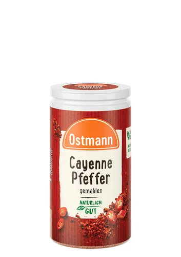Ostmann Cayenne Pfeffer gemahlen 0.035kg – Würzige Schärfe für jedes Gericht - Genießen Sie die intensive Schärfe des Ostmann Cayenne Pfeffers. Ideal zum Verfeinern von Speisen und für den besonderen Kick in der Küche. Füllmenge: 0.035kg.