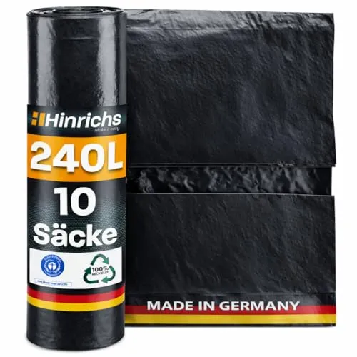Hinrichs Müllsäcke 240L extra Stark - 10er Rolle - Abfallsäcke XXL Abfallbeutel - 100x125 cm - LDPE - perfekte Müllentsorgung für Haushalt Garten Gewerbe Baustelle - 10 Stück Müllbeutel 240 L schwarz