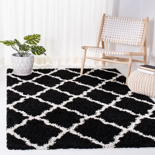 SAFAVIEH Zottelig Teppich für Wohnzimmer, Esszimmer, Schlafzimmer - Dallas Shag Collection, Hoher Flor, Schwarz und Elfenbein, 91 X 152 cm