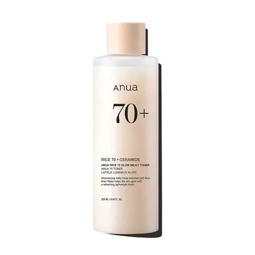 ANUA Rice 70 Glow Milky Toner, für glasartige Haut und Aufhellung, Reiswasser, Niacinamid, Ceramide, Panthenol, nicht komodogen, sicher gegen Pilzakne, 250 ml/8,45 fl.oz.