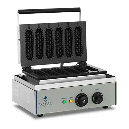 Royal Catering Waffeleisen RCWM-1500-S - 1.550 Watt - Stiel-Corn Dog - Waffeleisen für kreative Snacks, 1.550 Watt Leistung für schnelle Zubereitung von bis zu 6 Waffeln am Stiel, ideal für Cafés und Events.