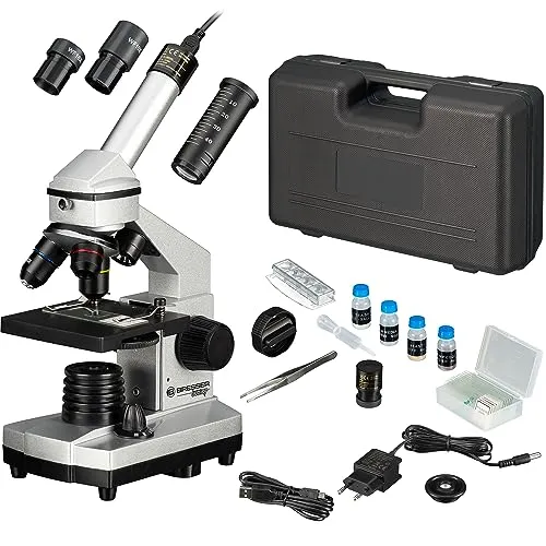 Bresser Junior Mikroskop Set 40x-1024x - Mikroskop mit USB Kamera und heller LED-Beleuchtung, ideal für Einsteiger und spannende Durchlichtbeobachtungen. Umfangreiches Zubehör im stabilen Hartschalenkoffer.