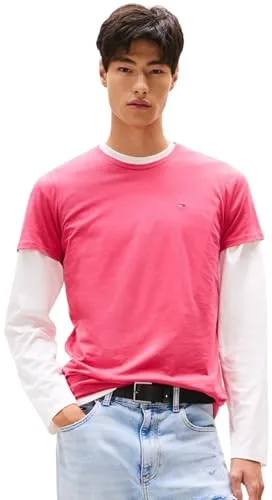 Tommy Jeans Herren T-Shirt Kurzarm Original Slim Fit, Rot (Vintage Cerise) - Herren-Shirts aus 100% Bio-Baumwolle, bequem und ideal für lässige Outfits oder als Pyjamaoberteil. Zeitloser Stil mit Tommy Jeans Flag auf der Brust.