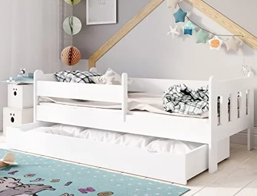 Kids Collective Kinderbett 80x160, 80x180, 90x200 cm - Kleinkindbett mit praktischer Schublade zur Aufbewahrung und beidseitig montierbarem Rausfallschutz. Hochwertige Verarbeitung für maximale Sicherheit und Stabilität, getestet nach EU-Normen.