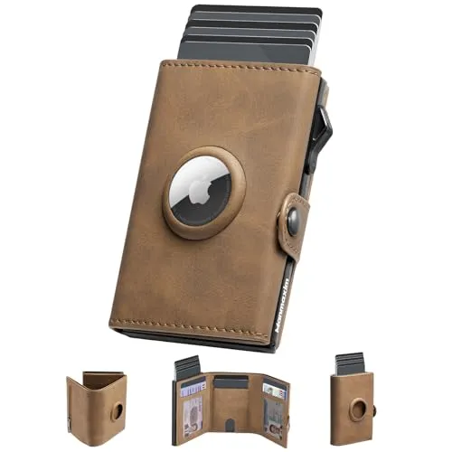 Geldbörse Herren mit AirTag Fach & RFID Schutz, Slim Pop-Up Portemonnaie für 12 Karten & 2 Ausweise, Kreditkartenetui Portmonee Herren mit Münzfach, Geschenk für Männer Vatertag, Vintage Braun