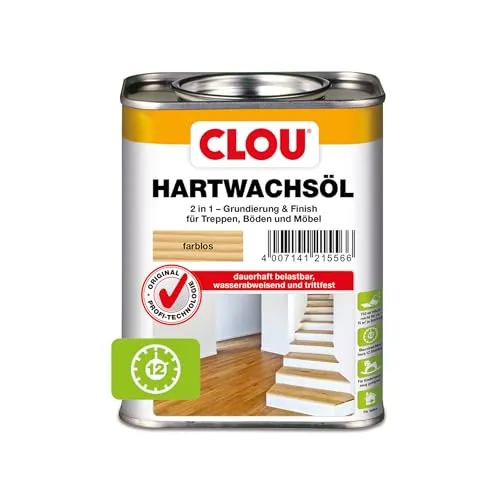 Clou Hartwachsöl farblos: Strapazierfähiges Holzöl für Innenbereiche, 2 in 1 Grundierung & Finish für Arbeitsplatten, Parkett, Treppen und Möbel im Innenbereich, 2,5 L