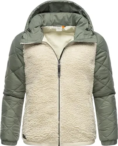 Ragwear warme Damen Übergangsjacke Hybrid-Plüschjacke kurz mit gesteppten Ärmeln und Kapuze Leeloo Ecru Blocked Gr. XXL