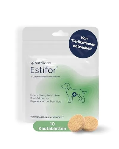 NutriLabs ESTIFOR Kautabletten für Hunde 10 Stück - Mit Bentonit, Kamille & Natriumkarbonat - Zuverlässige Unterstützung für Hunde mit wiederkehrenden Verdauungsproblemen. Diese glutenfreien Kautabletten sind praktisch für unterwegs und fördern eine gesunde Darmflora. Ideal für empfindliche Hunde.