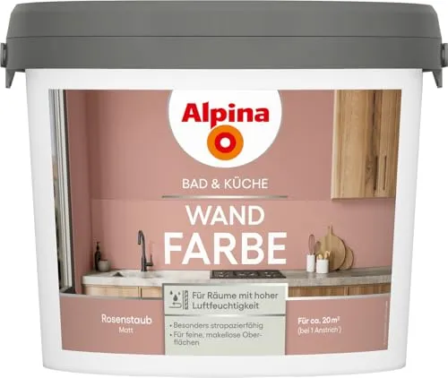 Alpina Bad & Küche Wandfarbe 2,5L – Matte Innenfarbe für Feuchträume - Vielseitige Wandfarbe für Bad & Küche mit hoher Deckkraft und tropfgehemmter Formel. Ideal für eine schnelle und saubere Anwendung – für dauerhaft schöne Wände in Feuchträumen.