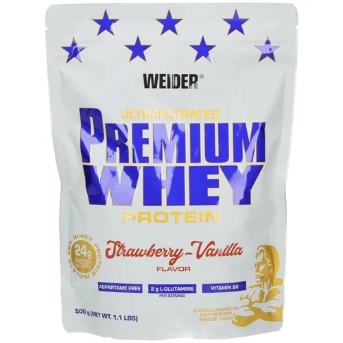 Joe Weider Premium Whey Protein Shake, 500g Erdbeer-Vanille - Protein Shakes & Muskelaufbau, hochwertiges Whey-Protein für Muskelreparatur und -wachstum, leckerer Erdbeer-Vanille-Geschmack