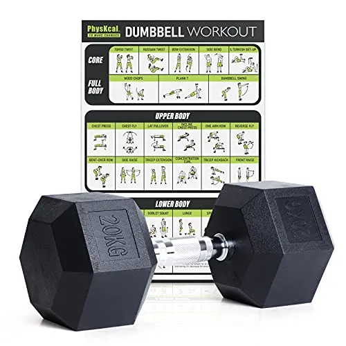 PhysKcal Hexagon Hanteln Poly-Gummierte | 20 kg 1 Stück | Rutschsicher Ummantelt | Ergonomische Verchromte Griffe | Kurzhantel-Set | Dumbbells Set