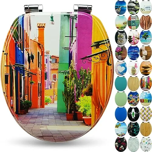 SANFINO® Premium WC Sitz "Colorful Houses" mit Absenkautomatik - WC-Sitz aus hochwertigem Holz mit sanfter Absenkautomatik, einfache Montage und antibakterielle Oberfläche für maximale Hygiene und hohen Sitzkomfort.