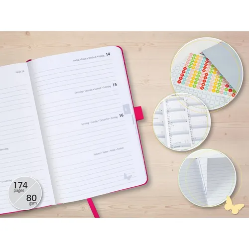 SIGEL J6405 Wochenkalender 2026 A5 rosa, Hardcover mit Textileinband, Gummiband, Stiftschlaufe, Einstecktasche, 174 Seiten, vegan, Buchkalender, Terminplaner Kalenderbuch Jolie