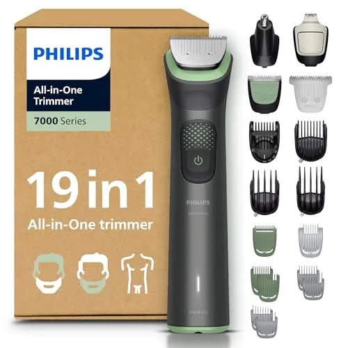 PHILIPS Multigroom Series 7000 - 19-teiliger Barttrimmer und Haarschneider - Vielseitiger All-in-One-Trimmer mit 19 Aufsätzen und 26 Längeneinstellungen (0,5-20 mm) für präzises Styling. Selbstschärfende Metallklingen und BeardSense-Technologie garantieren optimale Leistung.