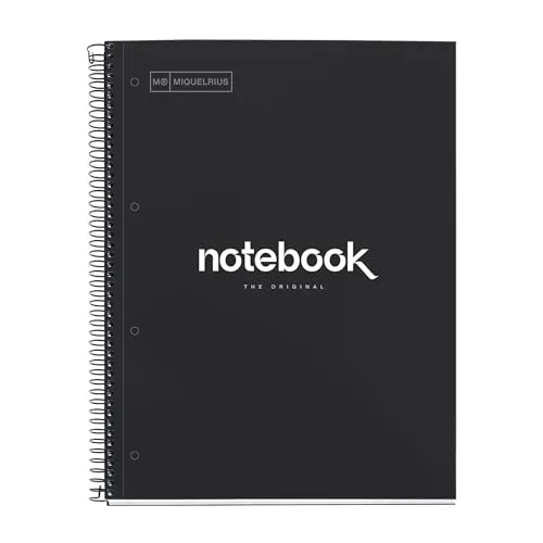 Miquelrius - Notizbuch A4 Notebook, 1 farbiger Streifen, 80 Blatt mit raster 5 x 5 mm, Papier 90 g/m² mikroperforiert mit 4 Bohrungen für 4 Ringe, Einband aus Karton, Farbe Schwarz