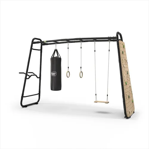 EXIT GetSet Monkeybar MB320 - Schwarz - Das EXIT GetSet MB320 ist ein vielseitiges Spiel- und Fitnessgerät für den Außenbereich. Mit umfangreichem Zubehör wie Turnringen und einer Dip Station fördert es Beweglichkeit und Krafttraining für die ganze Familie.