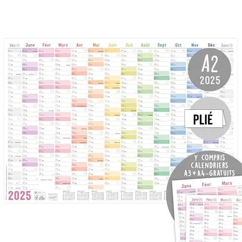 Häfft® Wandkalender 2025 A2 auf Französisch "Rainbow" (59,4 x 42 cm) gefalzt, Wandplaner mit französischen Feiertagen + extra A3 & A4 Kalender - nachhaltig & klimafreundlich