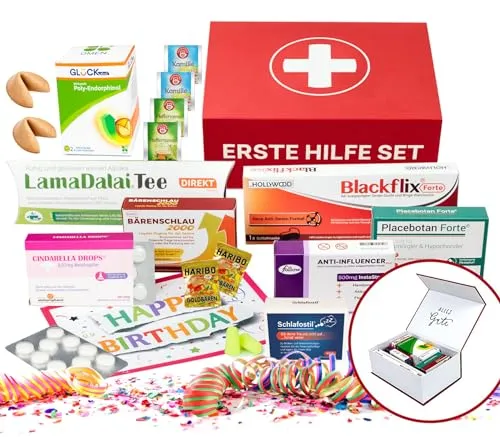 Lustiges Erste Hilfe Set - 10-teilig - Party- & Scherzartikel mit witzigen Medikamentenpackungen und einer stilvollen Geburtstagskarte, ideal für humorvolle Geschenke zu vielen Anlässen.
