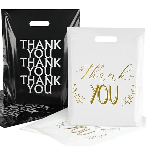 POPGIFTU 100 Stück Einkaufstaschen Plastik 38 x 30cm, Weiß Schwarz Thank You Plastik-Beutel Tüten, Kleidungtaschen zum Verpacken Einkaufen, Einzelhandel Tragetaschen für Imbiss Kiosk Laden Markt