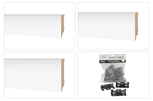 HEXIM Sockelleisten 70/85/100mm - MDF Fußleiste weiß für Fließen, Laminat, Vinyl & Teppich (16 x 70mm / 2 lfm - MS7016) - Cube Abschluss Leisten Teppichboden