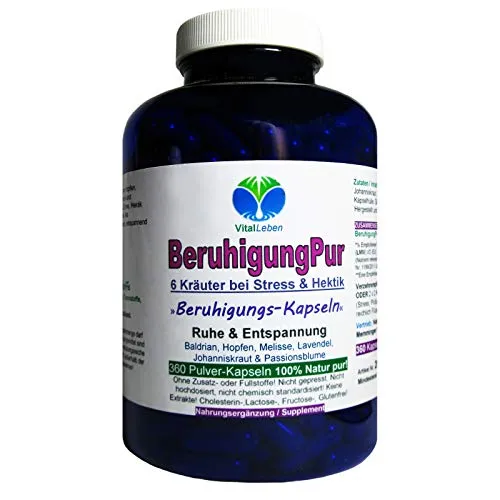 BERUHIGUNG Pur 6 beruhigende Kräuter - RUHE & Entspannung bei STRESS & HEKTIK. 360 Kapseln. Baldrian Hopfen Melisse Lavendel Johanniskraut Passionsblume. NATUR pur - OHNE ZUSATZSTOFFE. 26720-360