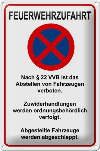 Schild Blech 20x30cm - Made in Germany - Hinweis Feuerwehrzufahrt nach 22VVB Met
