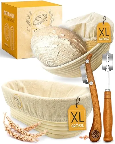 KRUSTENZAUBER Gärkörbchen Set - 2x Gärkorb & 2x Bäckermesser - Gärkörbchen Set für individuelles Brotbacken, inkl. 2 Gärkörbchen aus Rattan und 2 Teigritzmesser für perfekte Schnittführung und tolle Kruste.