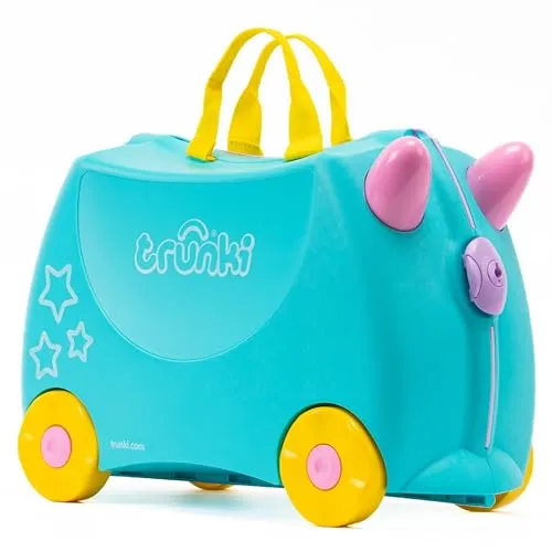 Trunki Kinderkoffer zum Draufsitzen | Trolley Una Unicorn (Blaugrün) - Der Trunki Kinderkoffer macht Reisen zum Abenteuer! Mit 18 Litern Stauraum und einem praktischen Teddy-Sicherheitsgurt ist er ideal für kleine Entdecker. Robust, kompakt und als Handgepäck zugelassen – für stressfreies Reisen!