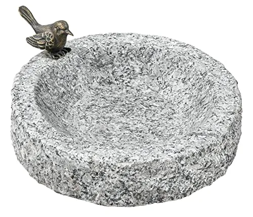 Dehner Vogeltränke mit Bronze-Vogel - Runde Vogeltränke aus frostbeständigem Granit, ideal für den Outdoor-Bereich, sorgt für einen stilvollen Trinkplatz für Vögel.