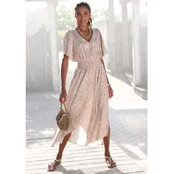 Maxikleid LASCANA, Damen, Gr. 34, N-Gr, beige (sand, beige bedruckt), Satin, Obermaterial: 100% Polyester, bedruckt, animal-print, modisch, figurumspielend knöchellang, tiefer V-Ausschnitt, Kurzarm Fledermausärmel, Kleider, mit Animalprint, luftiges Sommerkleid mit Schlitzen, Topseller