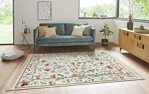 NOURISTAN Teppich Orient Flowers, beige - Rechteckiger Teppich (160x230 cm) mit floralem Design, maschinell gewebt aus Viskose und Baumwolle, ideal für Wohnzimmer und Schlafzimmer, fußbodenheizungsgeeignet und strapazierfähig.