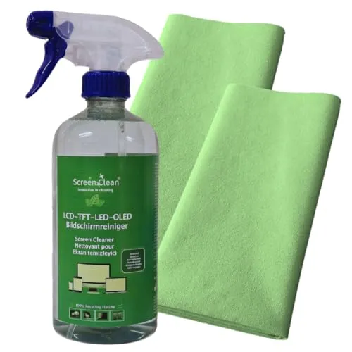 ROGGE Screen Clean 500ml Bildschirmreiniger 100% Recycling Flasche R-PET für LCD/TFT/LED/OLED-TV inkl. 2X Vileda Professional Microfasertuch QuickStar Micro 38x40cm, grün