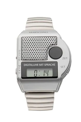 Marschall Deutsch sprechende Armbanduhr mit Metallzugband I 1102V I Digitalarmbanduhr I Für Blinde, Senioren und Sehbehinderte I Datum- und Zeitansage I Extra großer Sprachknopf