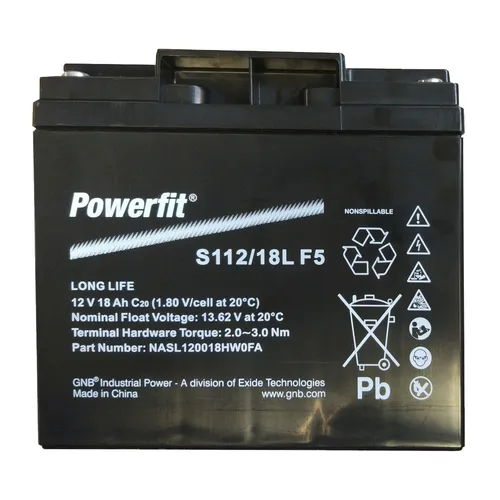 Exide Powerfit S112/18L F5 12 Volt 18 Ah M5 - Kompakte VRLA-Batterie für zuverlässige Notstromversorgung. Wartungsfrei, langlebig und ideal für sicherheitsrelevante Anwendungen. Perfekt für USV-Systeme und Notbeleuchtung.