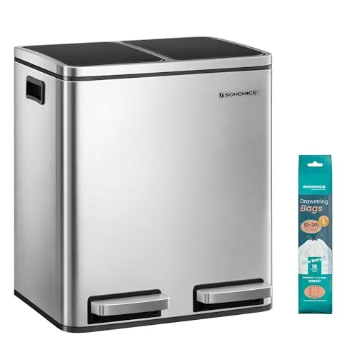 Songmics Mülleimer LTB30H, silber, Edelstahl, 2 x 15 Liter - Haushaltszubehör mit 2 Inneneimern für einfache Mülltrennung. Softclose Mechanismus sorgt für leises Schließen und angenehme Nutzung.