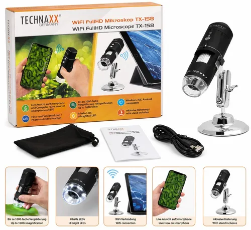 Technaxx TX-158 WLAN Taschenmikroskop - Digitales Handgerät mit 50-1000x Vergrößerung - Erforschen Sie die Mikrowelt mit unserem digitalen WLAN-Mikroskop. Ideal für Lernzwecke, bietet es eine hohe Vergrößerung und Live-Streaming-Funktion. Kompatibel mit PC, Android und iOS.