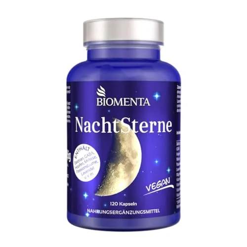 BIOMENTA Nachtsterne – 120 Baldrian Kapseln hochdosiert - Wirkstoffkomplex mit Hopfen, GABA, Melisse, Passionsblume, Lavendel, Magnesium, Vitamin C, B-Vitaminen - vegan - Premiumqualität