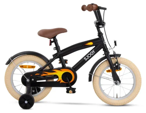 SJOEF Cruise Kinderfahrrad 14 Zoll - Matt Schwarz - Fahrrad für Kinder ab 3 Jahren mit abnehmbaren Stützrädern, sicher und einfach zu montieren. Ideal für Jungen mit einer Körpergröße von 98 bis 108 cm.