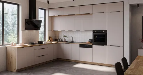 Winkelküche SOLANO 290x350 - Küchenzeile im modernen Design aus Kaschmir beige und Eiche Artisan mit XXL Stauraum, ideal für kleine und große Küchen. Hochwertige Materialien und Softclose-Funktion sorgen für Komfort und Langlebigkeit.