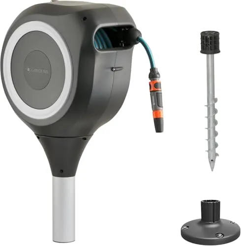 GARDENA Garten-Schlauchbox RollUp M (weiß) 20 m - Schlauchtrommeln mit RollControl-Technologie für sicheres und zuverlässiges Aufrollen. Inklusive 20 m Gardena Qualitätsschlauch und flexibler Erdspieß-Befestigung für 360° Drehbarkeit.
