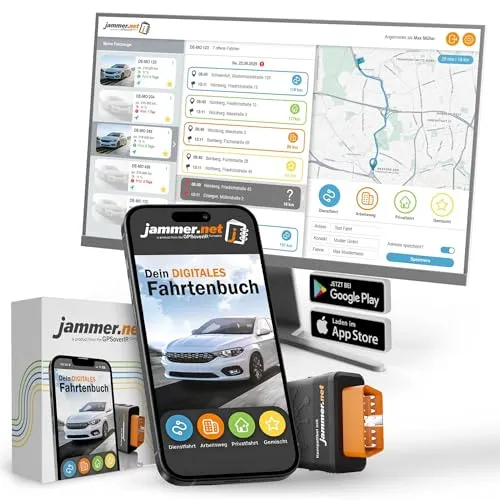 GPSauge jammer.net digitales Fahrtenbuch mit OBD2-Stecker - Das finanzamtkonforme digitale Fahrtenbuch von jammer.net erfasst automatisch alle Fahrten per App. Ideal für Unternehmer und Pendler – einfach OBD-Stecker anschließen und Zeit sowie Aufwand sparen!